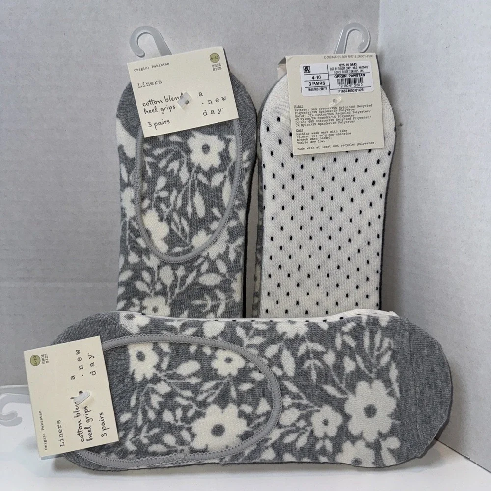 A‎ New Day Liner Socks Women 4-10 Grey White Floral Polka Dot 3pk Heel Grip